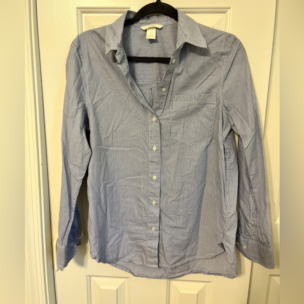 Blue and white striped button up